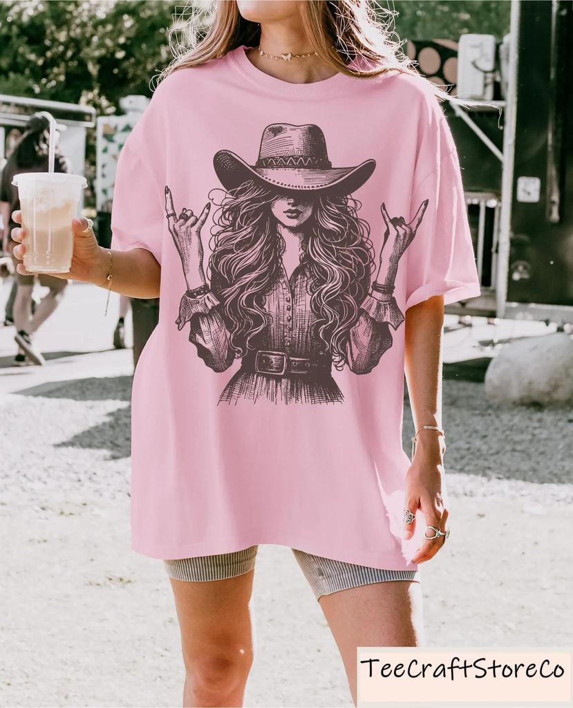 Retro Denim Lady Pattern Tshirt Western Concert Tshirt Print Pattern Comfortable Tshirt for Daily Street Wear