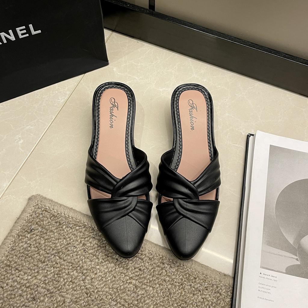 Women's New Summer PVC Fashion Solid Color Pointed Head Half Drag Thick Heel Women's Shoes Hollow Out Low Heel Sandals