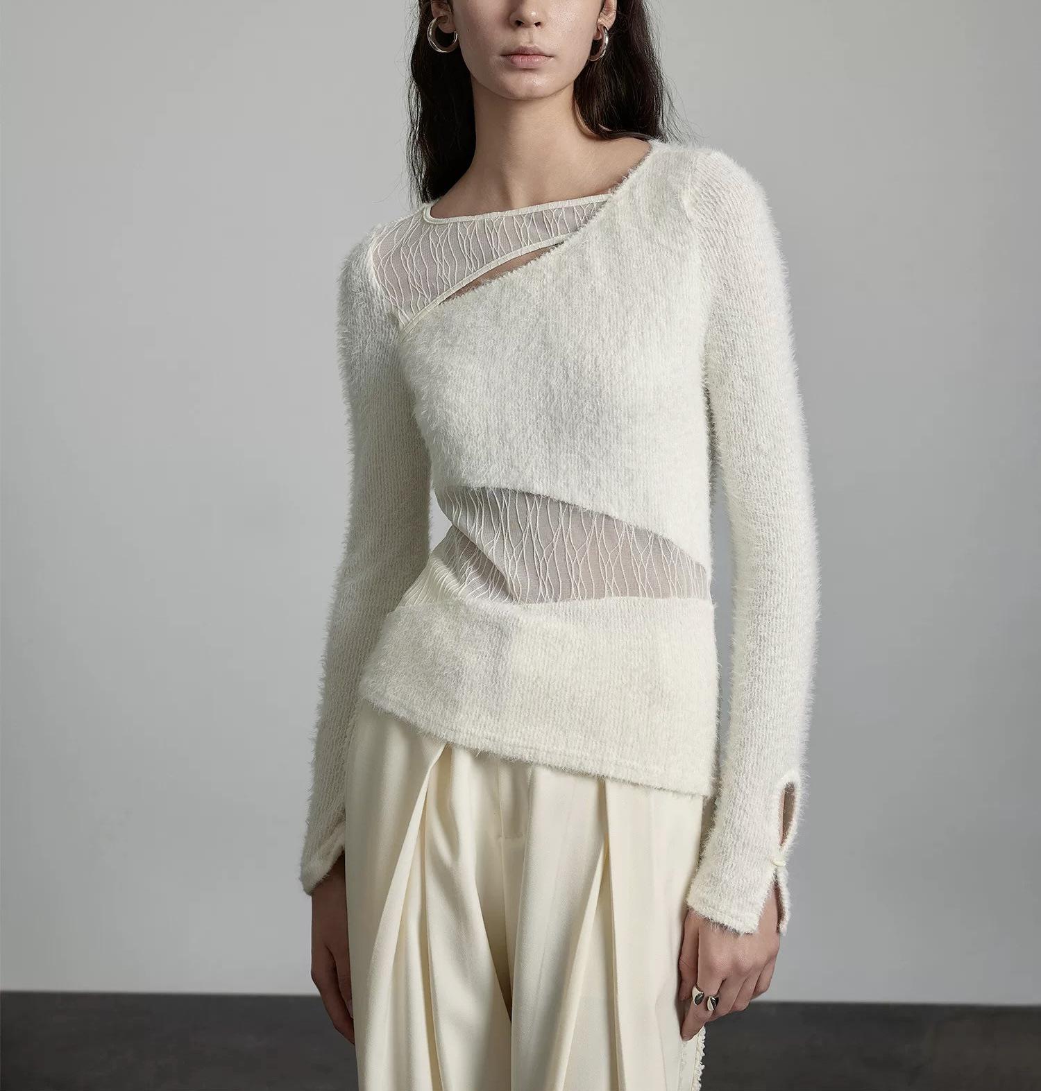 

Elegant Women s Sheer Lace Knit Top with Hollow Stitching S брудно-білий