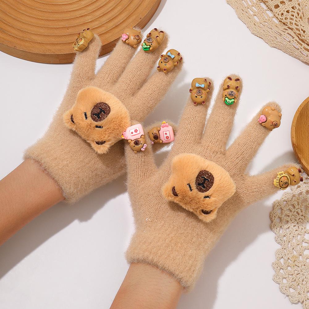 Adorable Winter Gloves for Women with Cute Capybara Decoration Comfortable Warm Fingered Ideal for Cycling Gift Choice