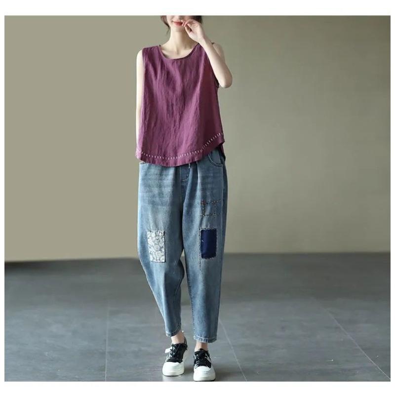 Solid Color Cotton and Linen Embroidered Vest T-shirt Women's Summer Loose Casual Sleeveless Top