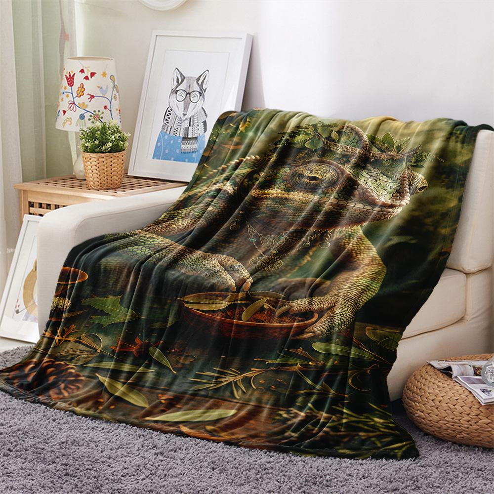1PC Chameleons and Plants Print FlAannel Blanket, High quality Comfortable for All Seasons, Home Decor, Warmth and Comfort