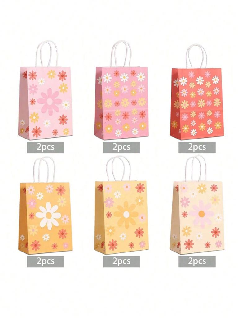 SHEIN 12pcs Sun Flower Theme Gift Bags Kraft Gift Bags Bulk Birthday Bags For Party Goody Gift Bags,Festival Wedding Gift Bag