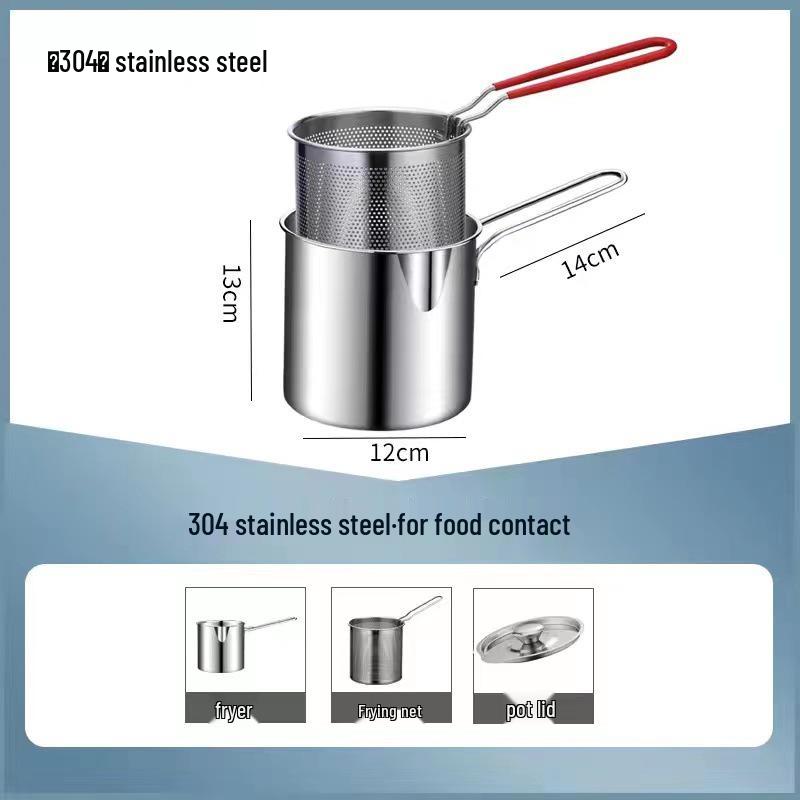 304 Stainless Steel Deep Fryer with Wooden Handle and Filter Basket for Induction Cooker