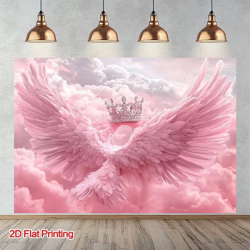 2D Aesthetic Pink Clouds Banner, Angel Wings & Crown Party Decor