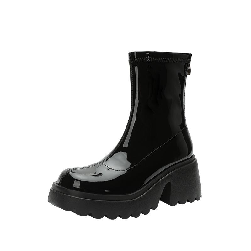 Small Girls Height-increasing Thick-soled Short Boots Women's Autumn and Winter Short Tube 7cm High-heeled Patent Leather Thick-heeled Thin Boots 