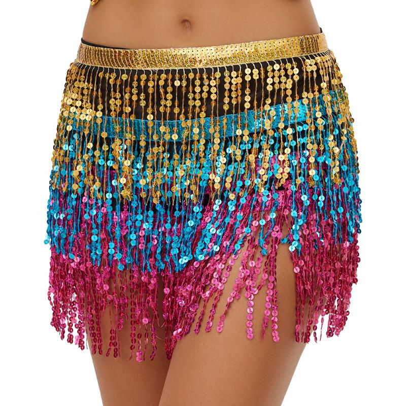 Bohemian Sequin Hip Scarf: Four-layer Tassel Waist Chain Belly Dance Costume for Women. Perfect for Halloween Performances.