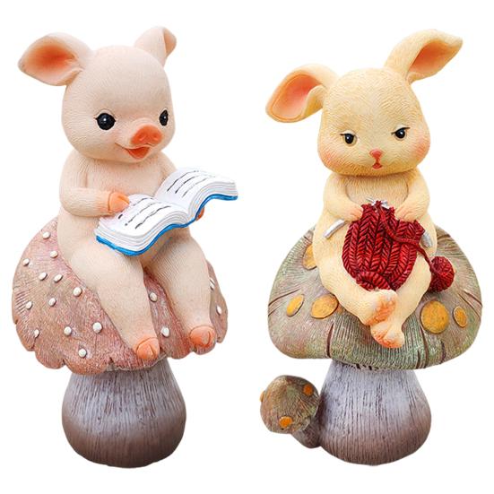 Animal On Mushroom Figurine Garden Resin Reading Pig Statue Knitting Rabbit Ornament for Fairy Garden Flowerpot Balcony Desk