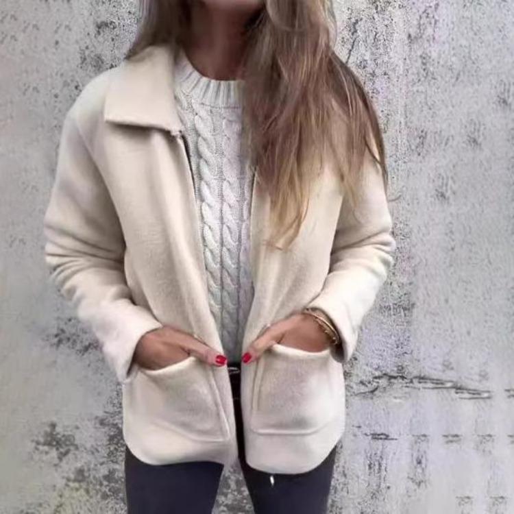 Long Sleeved Women Jacket Turn Down Collar Loose Thermal Coat Solid Color Zipper Closure Pockets Commuting Dating Office Spring Fall Winter
