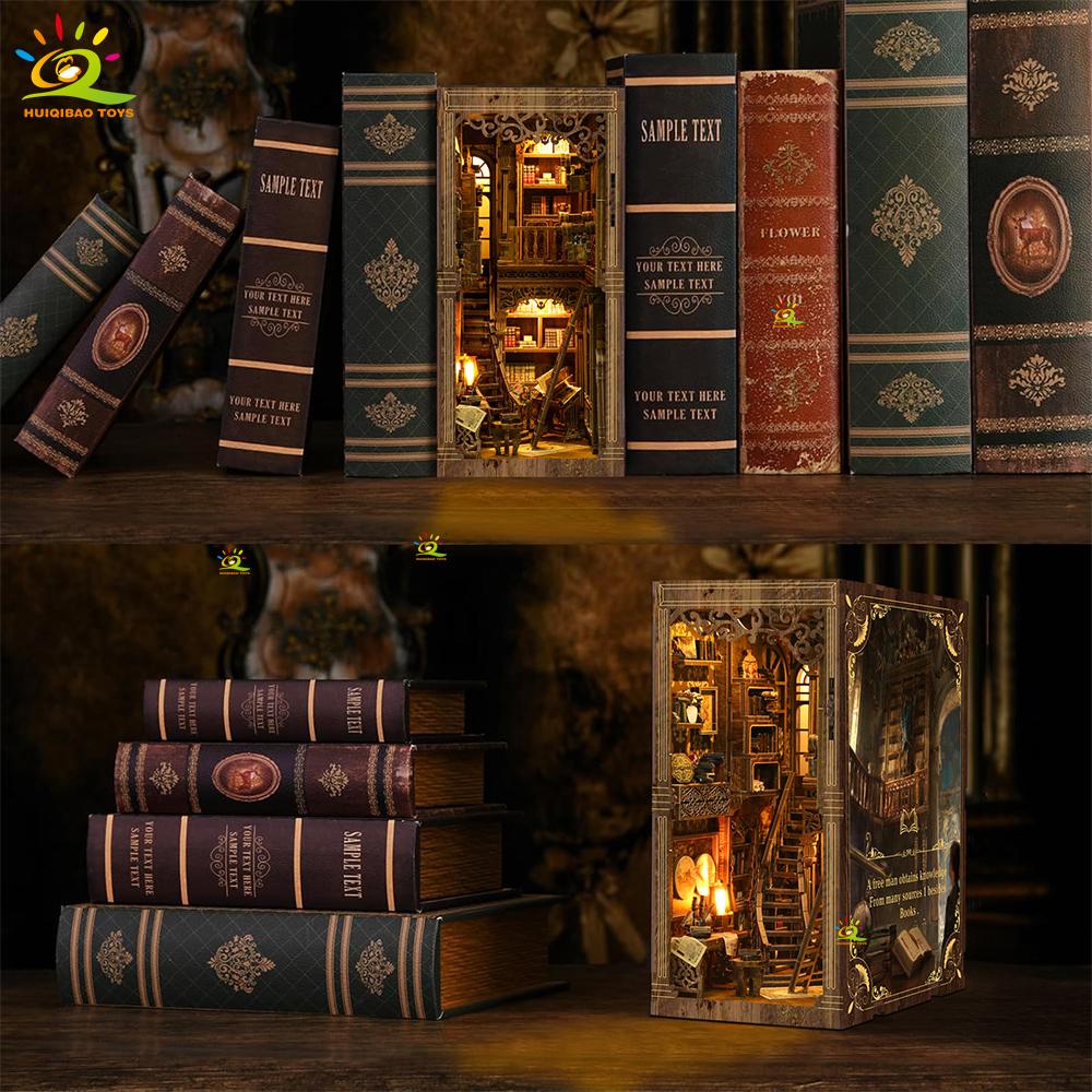 Non-Toxic Diy Retro Bookstore Bookshelf Model 3D Wooden Puzzle Assemble Book Nook Shelf Miniature Building Kits Handmade Toys