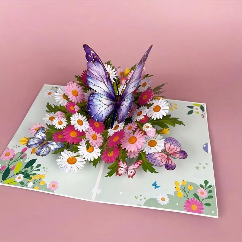 1 Stück Lebendige 3D Pop-Up Grußkarte, Bunte Schmetterlinge & Gänseblümchen, Perfekt für Geburtstag Muttertag Hochzeit