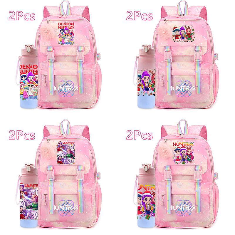 2Pcs/set Christmas K-pop Printed Backpack with 750Ml Water Bottler Large Capacity Travel Bag for Teenager Girl Boy Waterproof Bookbag Kid Gift Rucksak