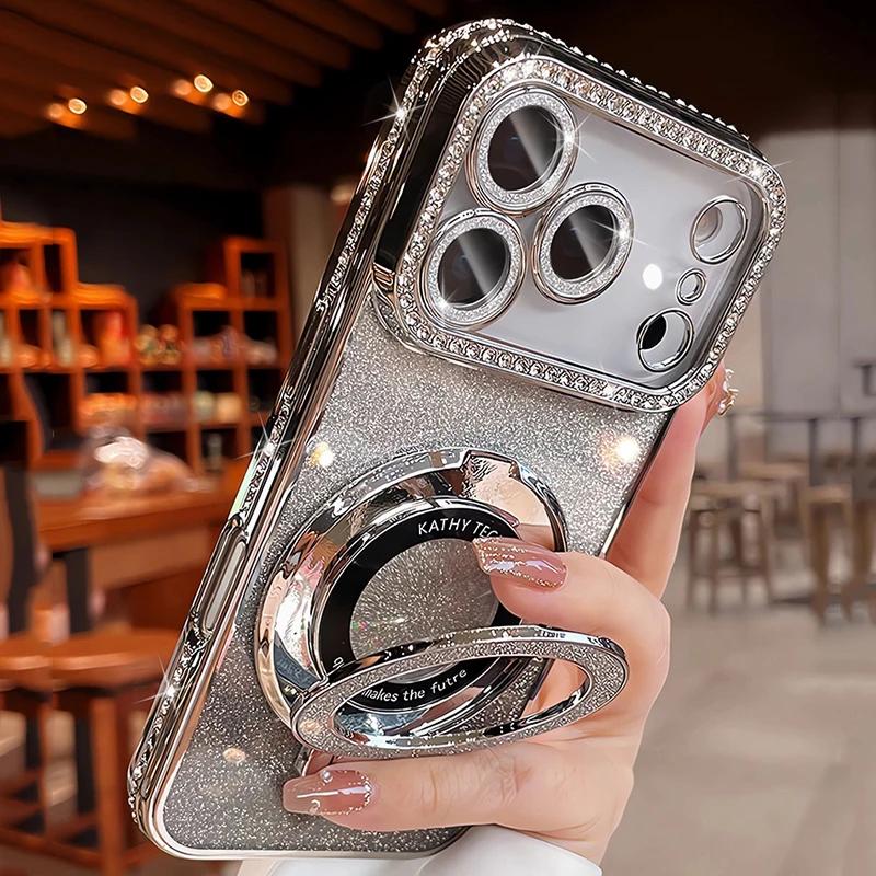 Glitter Diamond Magnetic Bracket Phone Cases For For Iphone 17 16 1 14 13 Pro Max 17Pro For  Wireless Charging Cover