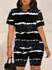 European and American Women's Clothing Round Neck Pullover Striped Color Matching Printed Casual Shorts Two-piece Set Summer New