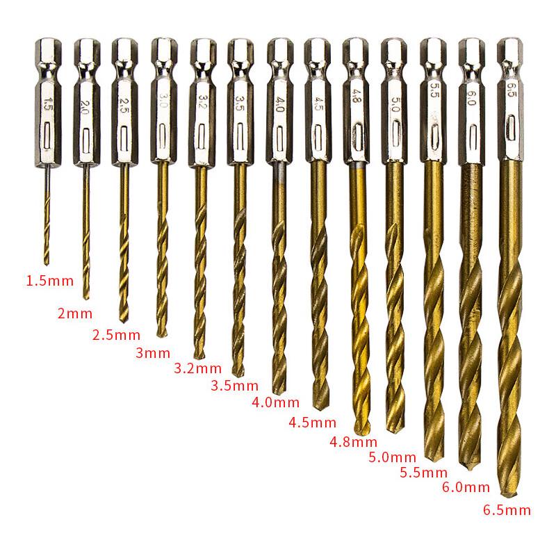 Haisidick 13-Piece Titanium Plated Hex Shank HSS Twist Drill Bit Set