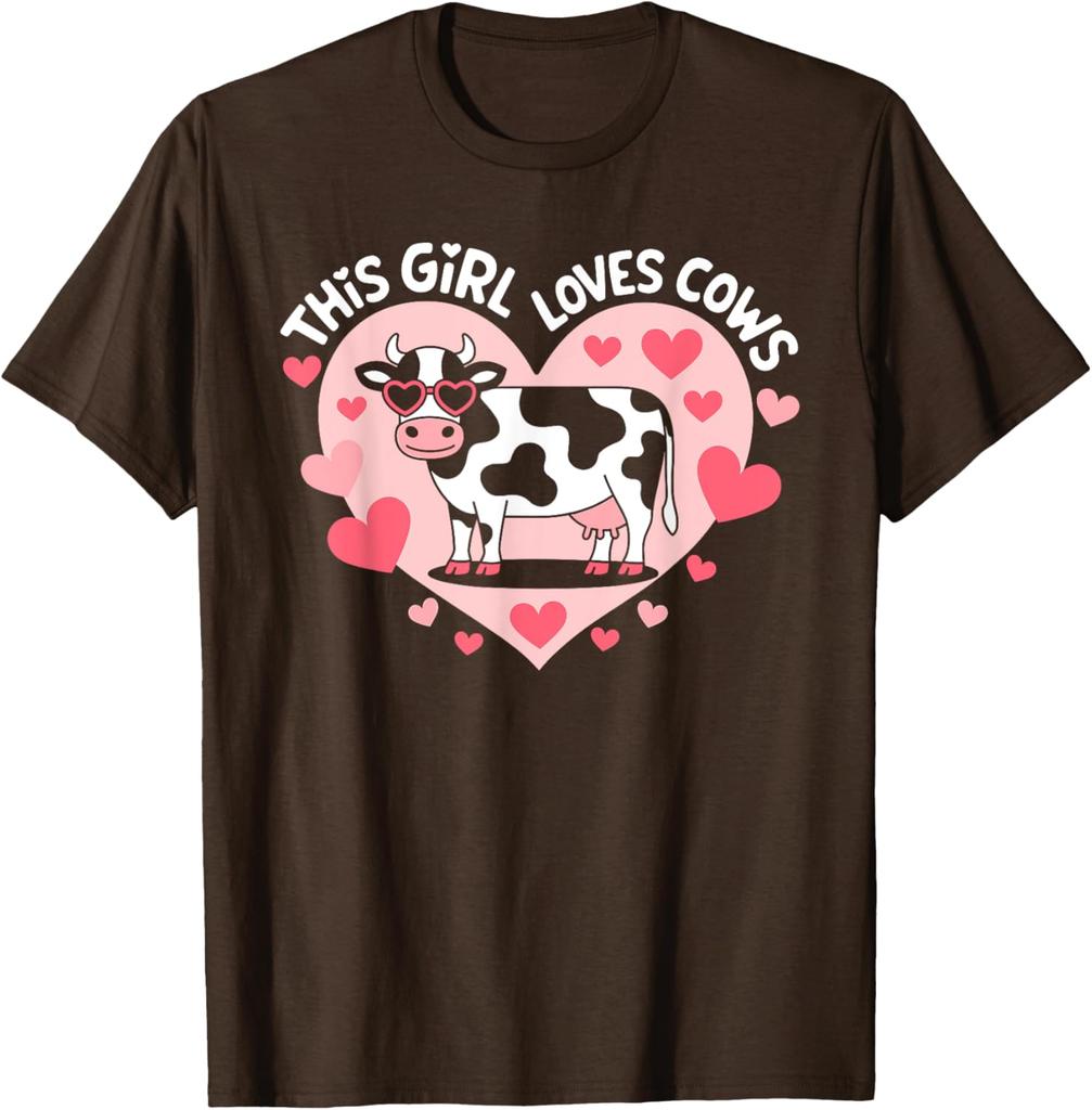Cute Cartoon Cow Heart Graphic Tee This Girl Loves Cows Farm Animal T-Shirt Unisex Print Machine Washable