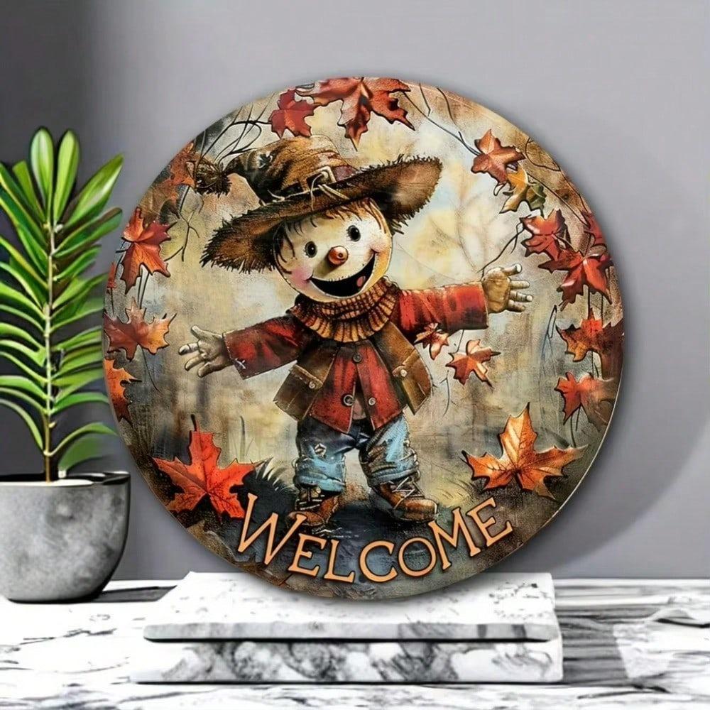 Metal Wall Art 8 Inch Round Scarecrow Welcome Sign Fantasy Decor For Garden Living Room Indoor Outdoor