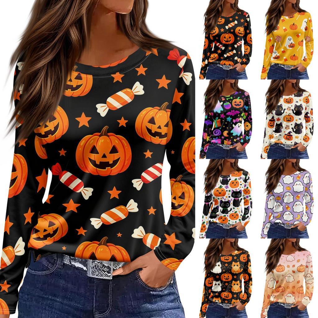Women Long Sleeve Crew Neck Top Halloween Print Split Hem Casual Loose Fit Pullover Shirt for Fall Seasonal Wear
