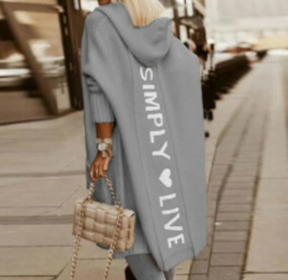 Autumn/Winter Hooded Long Cardigan Sweater with Turn-Down Collar and Letter Knit Design