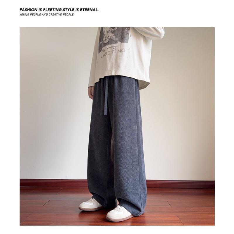 Men Herringbone Jacquard Loose Straight Leg Casual Long Pants