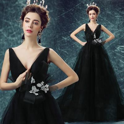 Ladies' Black Sexy Deep V-Neck Evening Dress Dinner Annual Meeting Host Backless Dress Wedding Dress