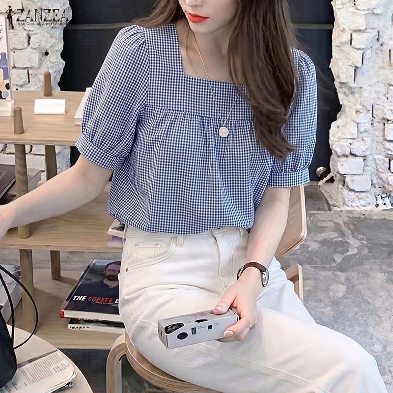 ZANZEA Women Grid Print Casual Square Collar Short Sleeve Blouse
