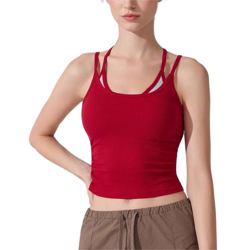 Fake two-piece suspender with chest pad, rib with cup, I-shaped outer wear, sports underwear, fitness nude yoga vest