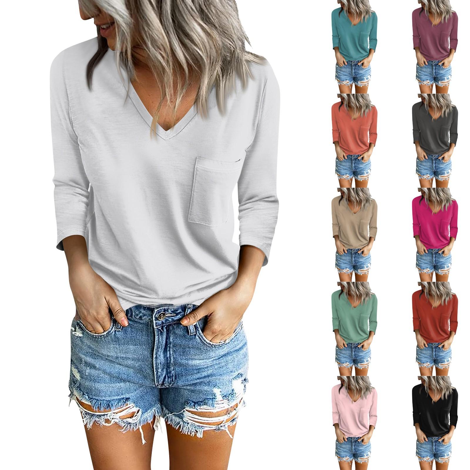 

Женские футболки с рукавом 3/4, повседневные базовые топы с v-образным вырезом, футболки с боковыми карманами и разрезом