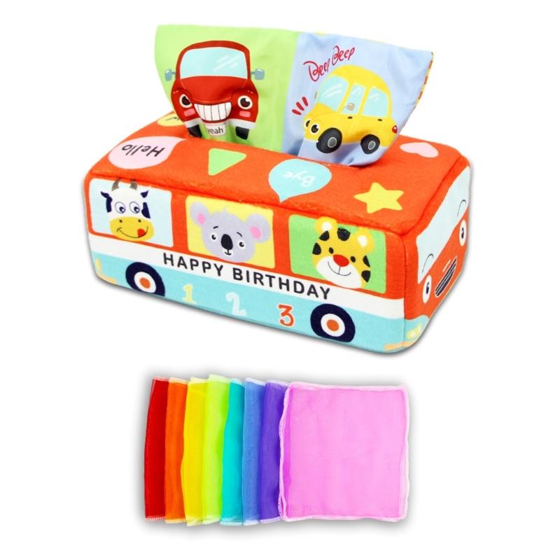 Tissue Box Toddler  Toy Babies Sensory Toy with Crinkle Paper & Rainbow Dance Scarves Infants Learning Toy