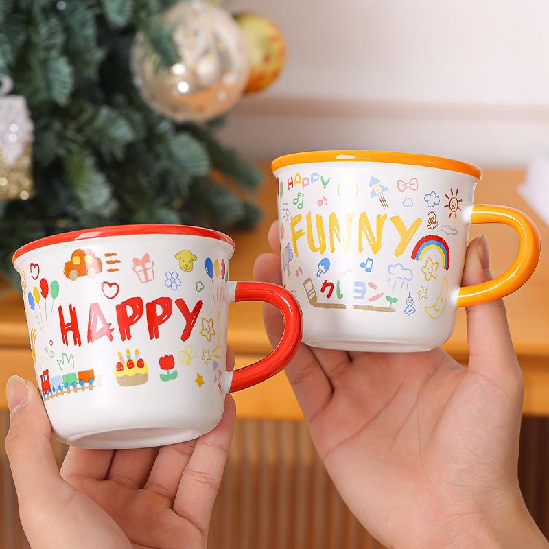 Children's Cartoon Family Large Capacity Mug Souvenir Creative Gift Cute Graffiti Ceramic Mug Gift Box