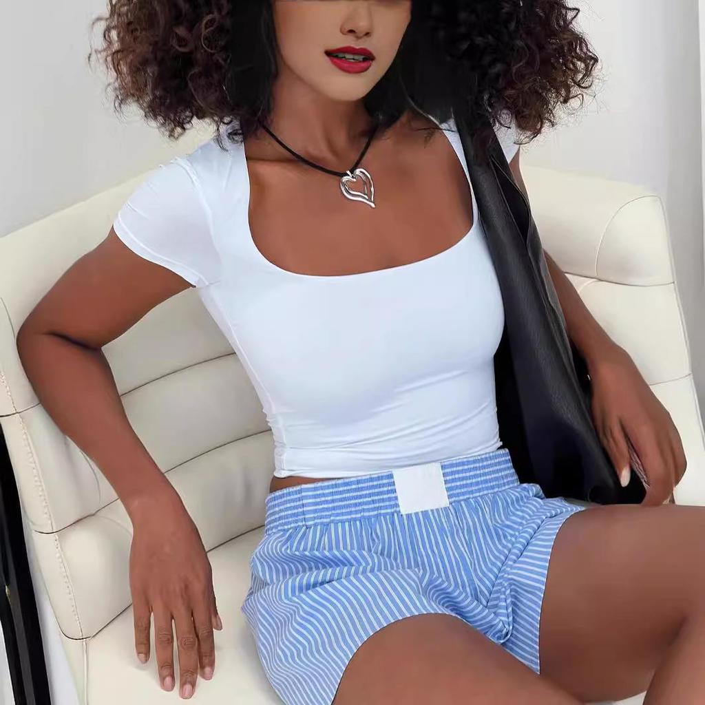 Women's 2024 European & American Slim Fit Solid Color Short Sleeve Square Neck Summer Casual T-shirt