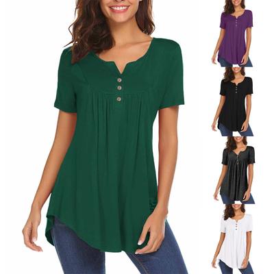 Women's Short Sleeve Tunic Loose Tops Casual Plus Size Tops Pleated Tunic Button Casual Summer T Tops For Women
