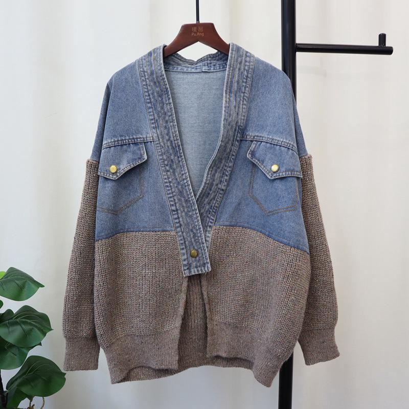 European Patchwork Denim Knitted Cardigan - Korean Style Women's Loose Sweater Coat