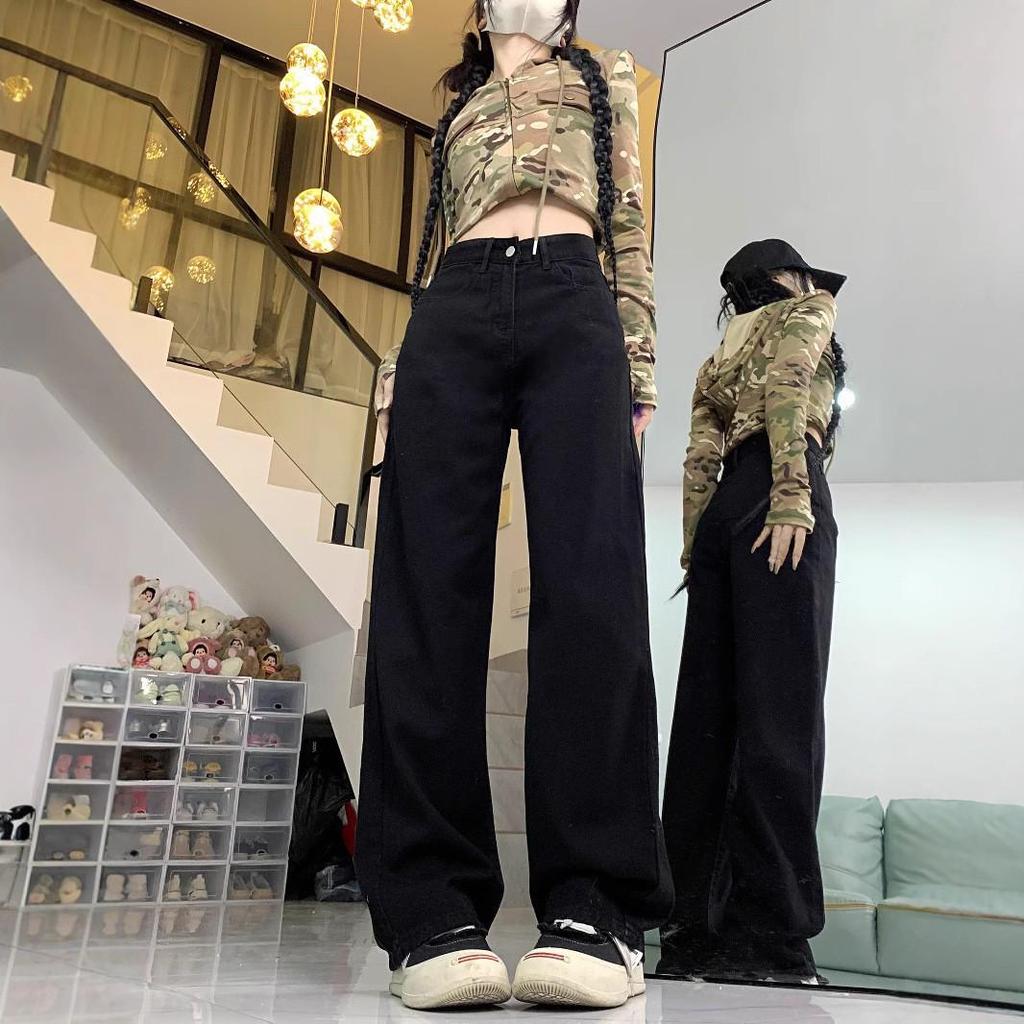 Women's Plus Size Black High-Waist Wide-Leg Jeans - Loose Drapey Straight Leg, Floor-Length, Spring/Autumn 2025 Fashion.