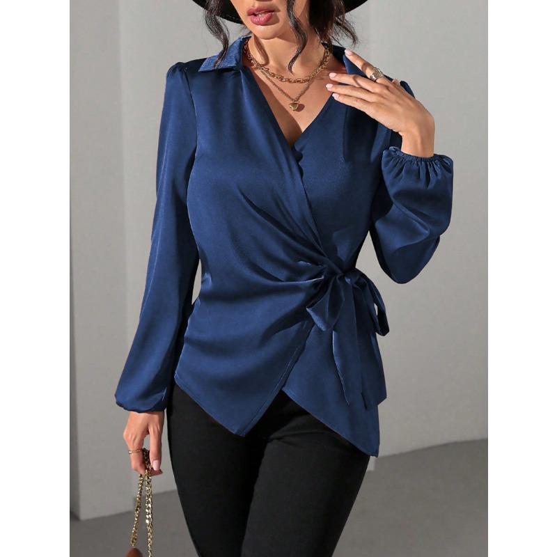 Spring and Winter Lace Up Waist Cinching Shirt New Long Sleeved Women Blouse Shirt with Tie Up Waist Fashion Tops Casual V Neck Clothing