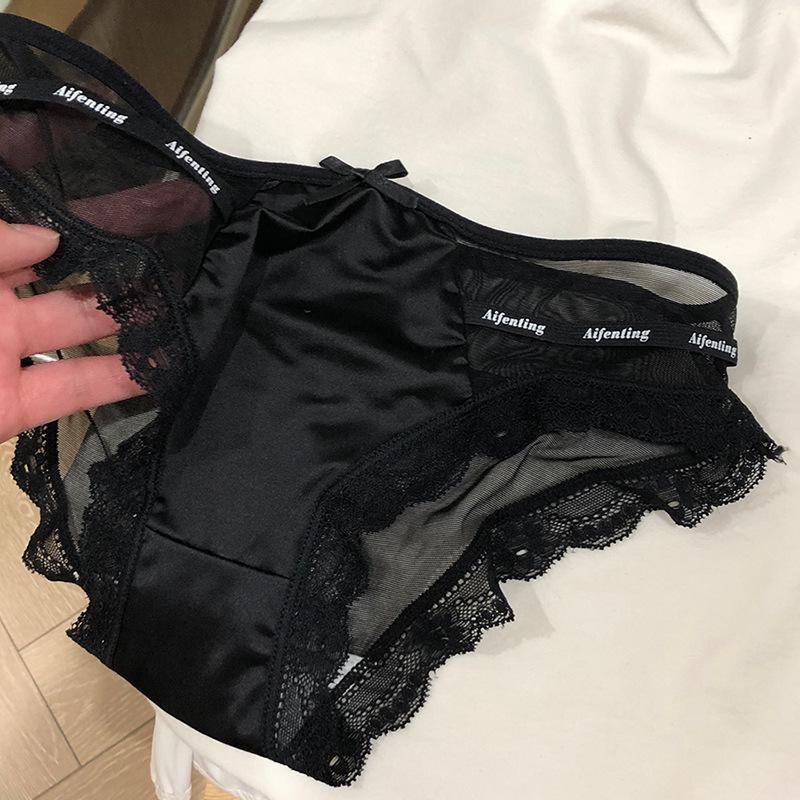 Satin Letter Hollowed Out Fashionable Women's Ice Silk Black Lace Underwear Sexy New Women's Triangle Pants