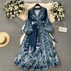 2026 Europe, America, Women's V-neck Ethnic Style Long-sleeved Printed Waist Lace-up Long Dress