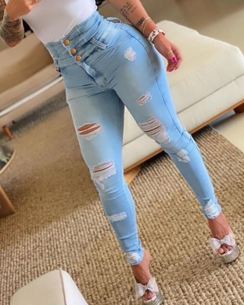 Spring/Autumn 2025 Women s High-Waisted Slimming Denim Skinny Pants - High Stretch and Ripped Design. XXL
