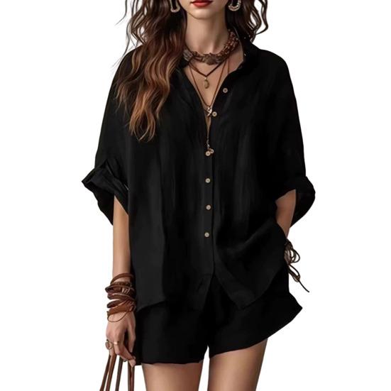 Women Summer Two Piece Outfit Casual Short Sleeve Button Down Shirt And Shorts Casual Lounge Sets with Pockets