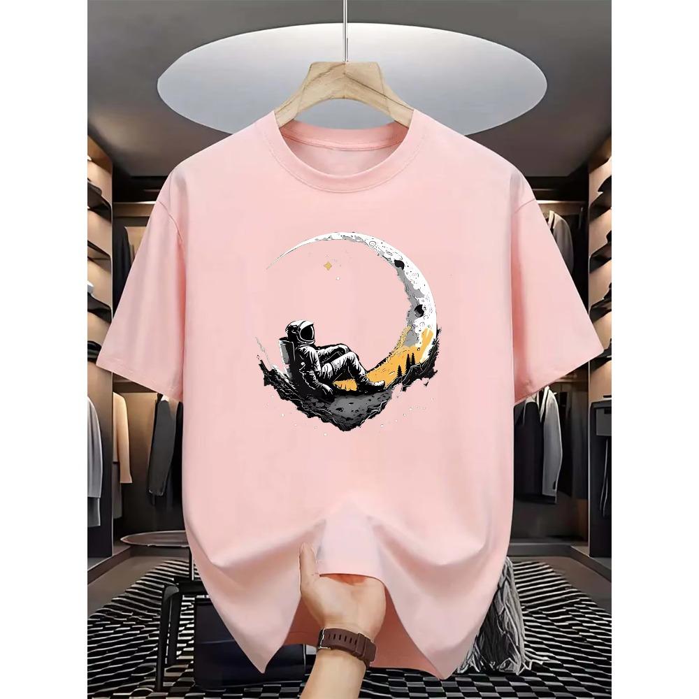 Summer Men's 100% Pure  Casual Loose Fit Astronaut Login Moon Pattern Printed Comfortable Round Neck Short Sleeved T-shirt
