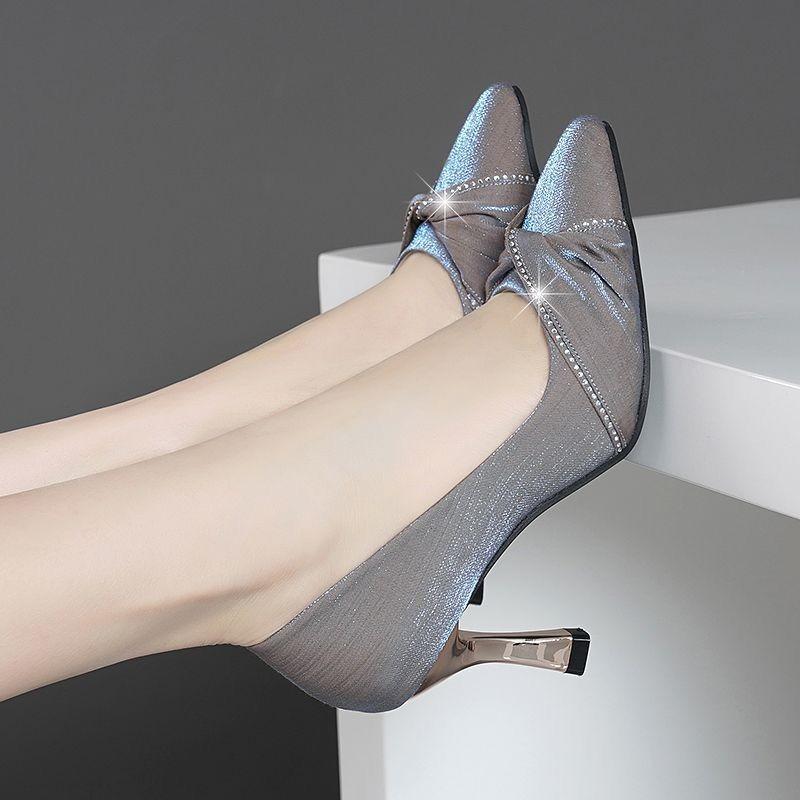 Women Light Grey Pu Leather Low Heel Shoes for Office Lady Party Comfort Light Gray Heels Lightweight and Breathable