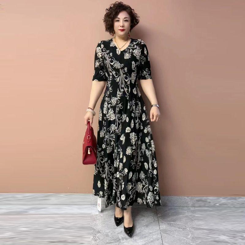 Summer Women's V-Neck Floral Dress Slim Fit Stretch Plus Size Dress Long Casual Dress