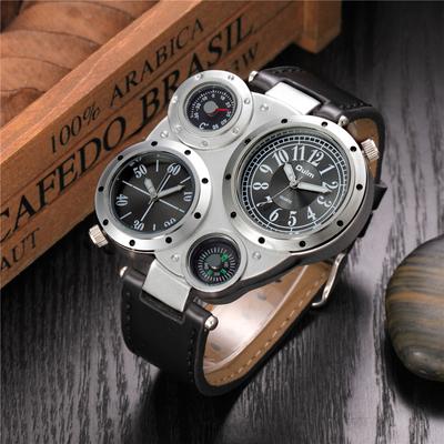 Men's Dual Time Zone Sports Quartz Watch with Decorative Compass