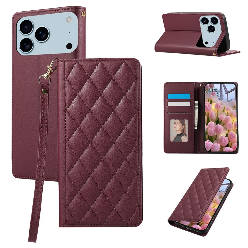 For iPhone 17 Pro Case RFID Blocking Wallet Stand Rhombus Leather Phone Cover with Wrist Strap