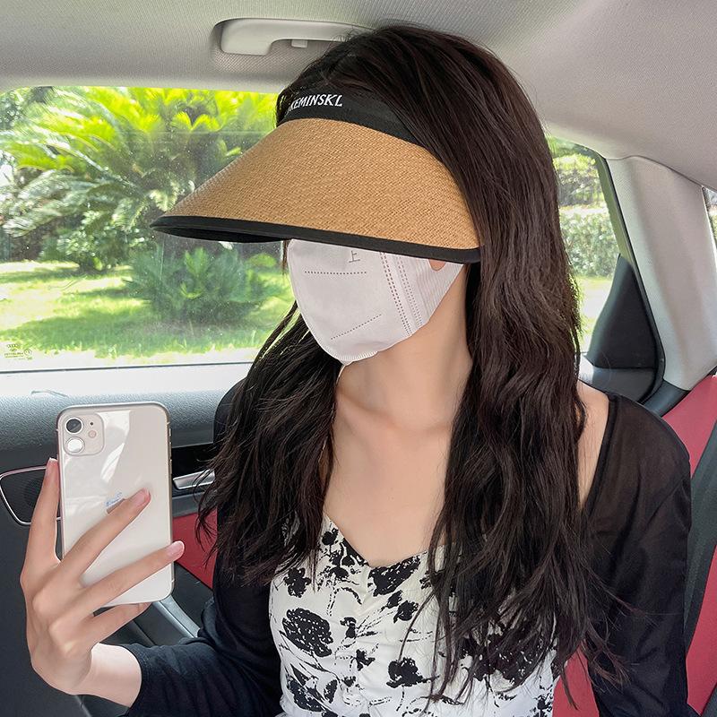 Empty top uv sunscreen hat women's UV protection large brim beach sunshade straw hat cycling sunscreen face cover sun hat