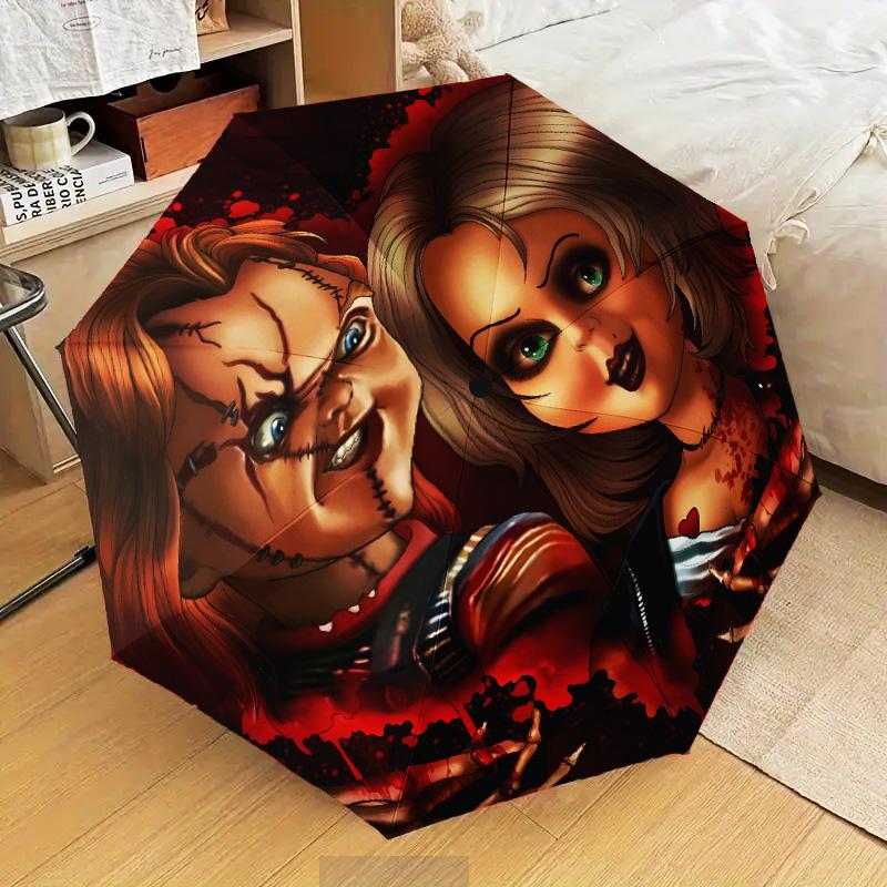 Love And Horror Doll Pattern Automatic Folding Umbrella - 8-Rib Travel Umbrella with Auto Open/Close & Portable Gifts for Holidays or Birthdays