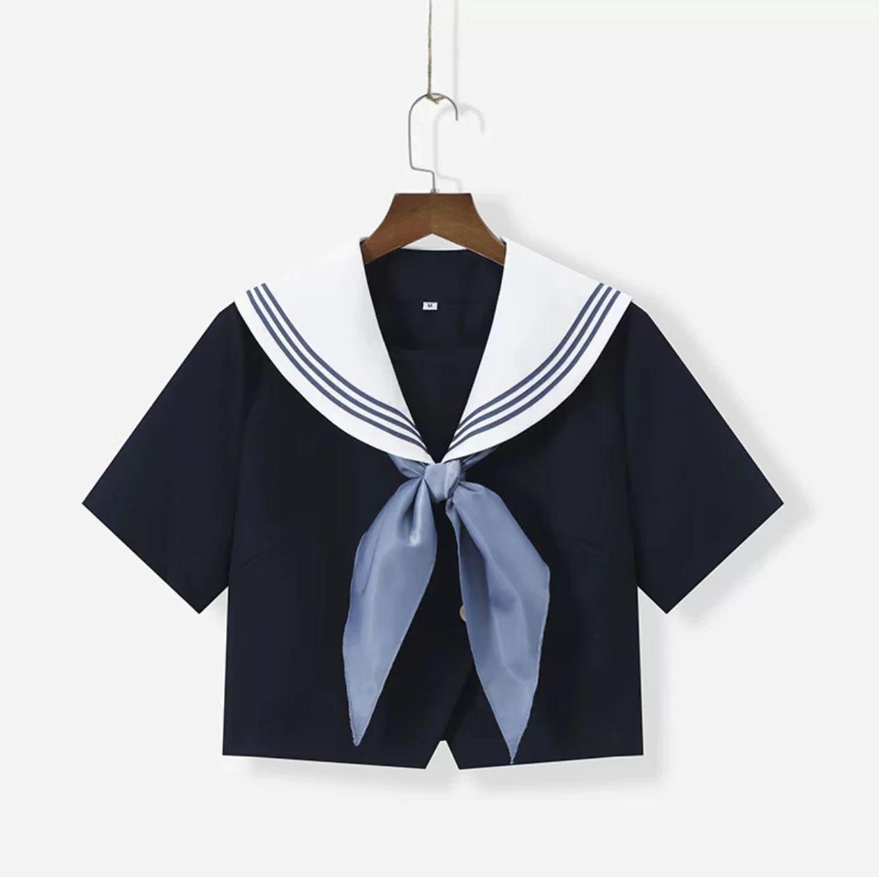 

Navy Blue Sailor Uniform Set: White-Collar Long-Sleeved Top & Pleated Skirt for Women - Autumn/Spring Academy Style XXL