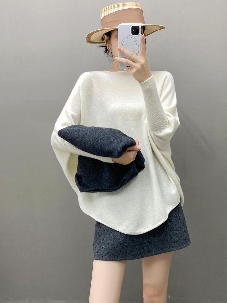 Women's European-Style Loose One-Shoulder Cashmere Sweater - Soft, Versatile Batwing Knit Pullover for Autumn/Winter