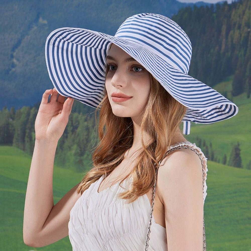 Bow Stripe Bucket Hat Wide Brim Sun Protection Cap Casual Fisherman Hat  Hiking