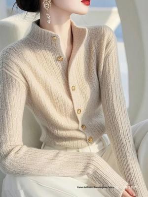 Women's Slim-Fit Knitted Cardigan Coat - Half-High Neck, Perfect for Spring & Autumn